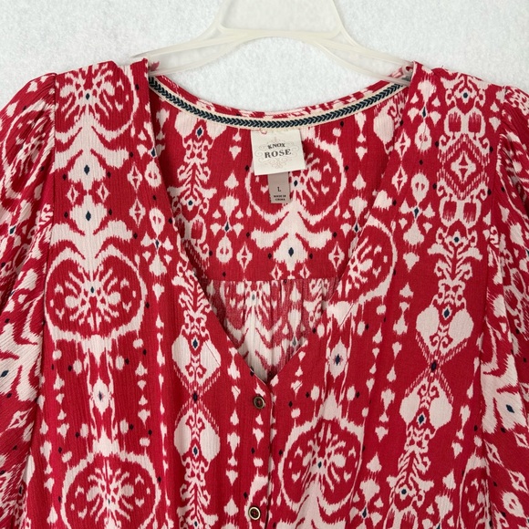 Knox Rose Dress Womens Large Midi Maxi Red White Button Front Short Sleeve Boho - Picture 3 of 15